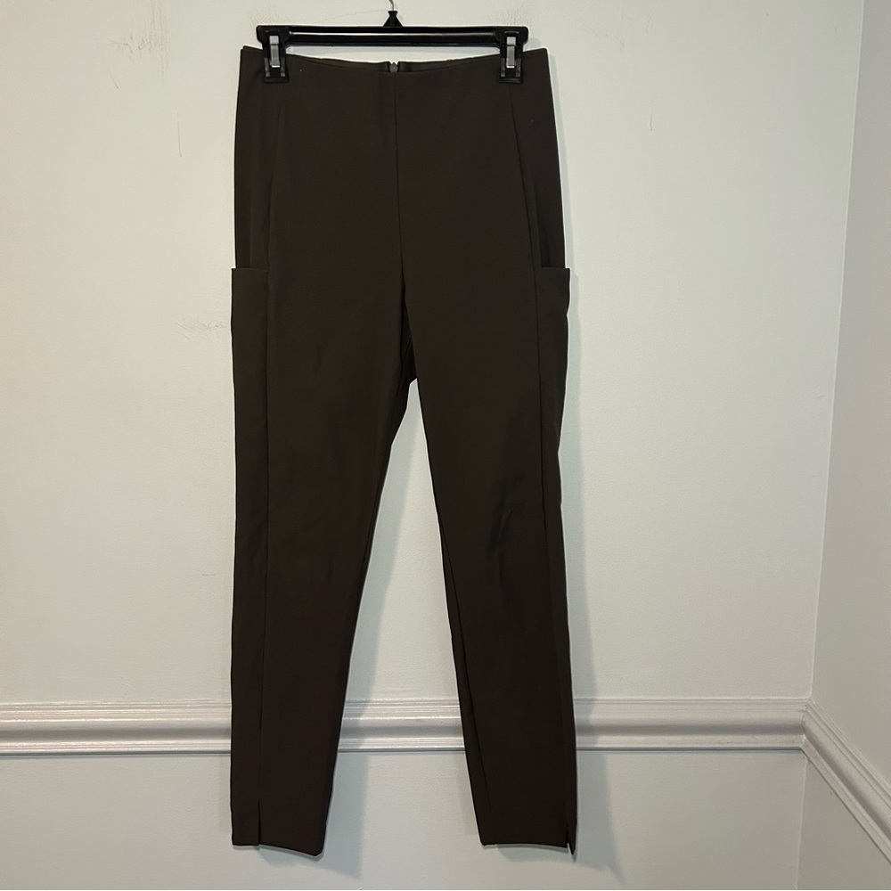 Athleta Olive Green Work Straight Leg Side Pocket Back Zip Pants Size 4